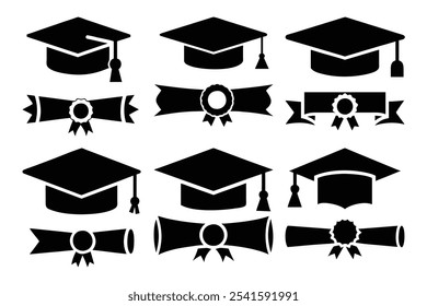 Graduation Hat Cap Icons Set - Certificate, Ribbons, and Award Symbols.This set includes various icons of graduation hats, certificates, award ribbons, and related symbols, ideal for academic projects