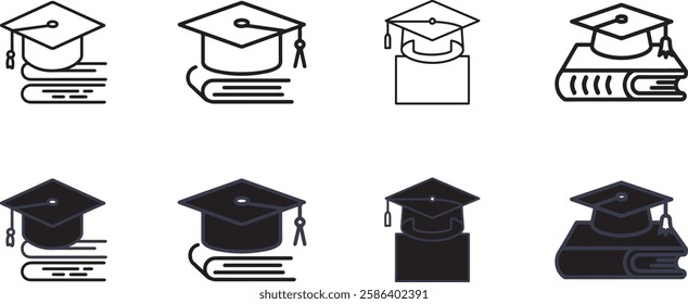 Graduation hat cap icons set. Academic cap. Graduation student black cap and diploma. Vector Illustration. Vector Graphic. EPS 10