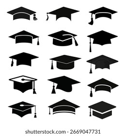 Conjunto de iconos de gorra de graduación – Gorra académica y Ilustración vectorial de diploma