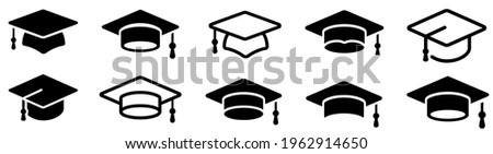 Graduation hat cap icons set. Academic cap. Graduation student black cap and diploma - stock vector.