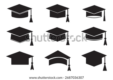 Graduation hat cap icons set. Academic cap. The icons are available in various styles such as flat, glyph, and minimalist. mortarboards, students, and academic symbols. Vector Illustration. EPS 10