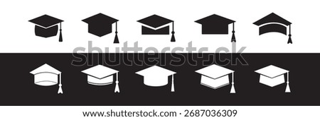 Graduation hat cap icons set. Academic cap. The icons are available in various styles such as flat, glyph, and minimalist. mortarboards, students, and academic symbols. Vector Illustration. EPS 10