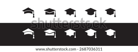 Graduation hat cap icons set. Academic cap. The icons are available in various styles such as flat, glyph, and minimalist. mortarboards, students, and academic symbols. Vector Illustration. EPS 10