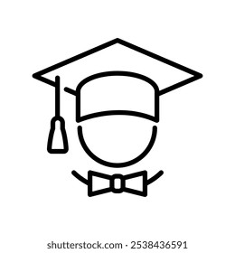 Iconos de la línea del casquillo de la graduación fijados con la cinta, certificado, corbata del cuello, vestido uniforme de la graduación de la ceremonia. Logotipo plano de la gorra académica. Estudiante de graduación gorra negra. Ilustración vectorial.