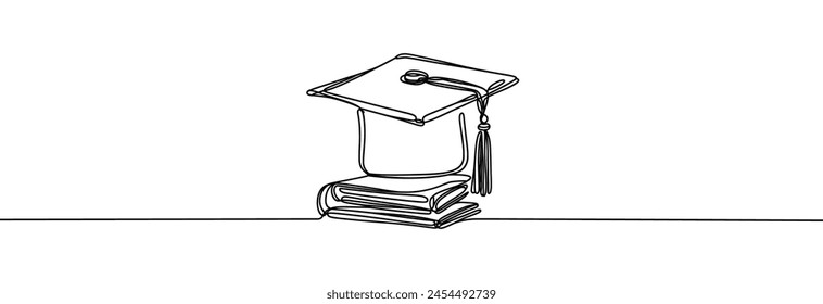 Graduation hat cap one continuous line.Academic cap line art.Student hat one line drawing.Single continuous line art of graduation cap with a books.