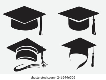 Colección de silueta de gorra de sombrero de graduación. Ilustración vectorial de logro educativo aislado en fondo blanco