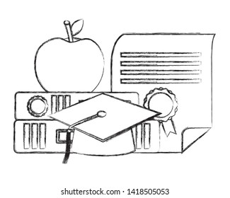 graduation hat certificate apple on books vector illustration