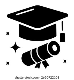 Graduation Hat and Certificate Fill Icon. Black and White Graduation Symbol