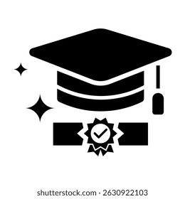 Graduation Hat and Certificate Fill Icon. Black and White Graduation Symbol