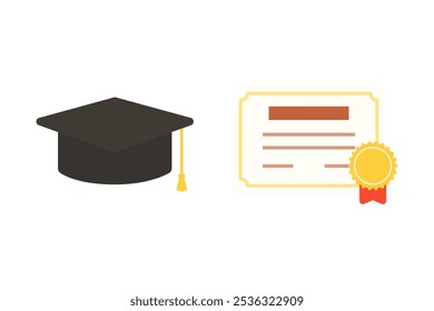 Graduation hat and certificate ribbon icon set. Official diploma paper document. Education, academic, school learning, ceremony, achievement concept. Flat vector isolated design illustration. 