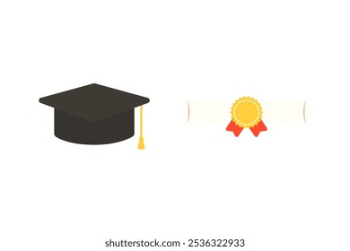 Graduation hat and certificate ribbon roll icon set. Education, academic, school learning, ceremony, diploma, achievement concept. Flat vector isolated design illustration. 