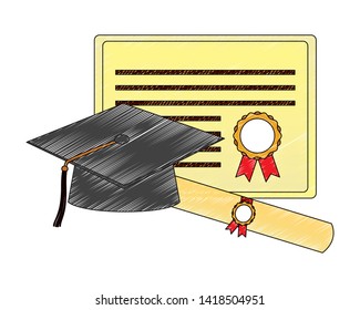 graduation hat certificate and scroll diploma vector illustration