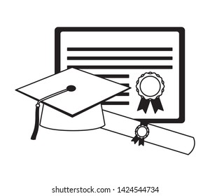 graduation hat certificate and scroll diploma vector illustration