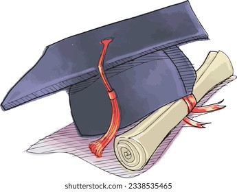 Graduation hat and certificate in watercolor effect. Vector file