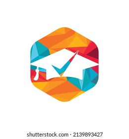 Graduation hat and check mark icon and logo design. Educational and institutional vector logo design template.	