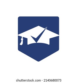 Graduation hat and check mark icon and logo design. Educational and institutional vector logo design template.	