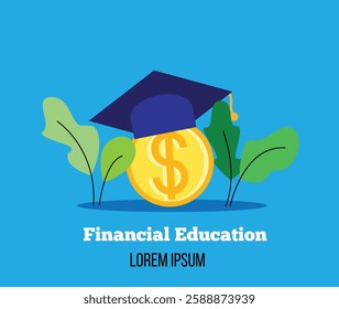 Graduation Hat and Coin Financial Education. Finances, student loan and learning concept vector art