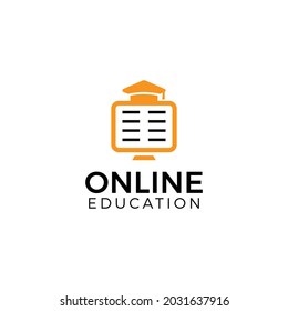 Sombrero de graduación + ordenador + libro. Logo de educación en línea. E-learning.