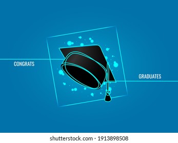 Graduation hat continuous line art and 3d style. Graduation cap on blue background. Vector illustration