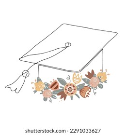 Graduation hat decorated with flower wreath. Mortarboard in continuous one line drawing style. Graduate cap minimalist isolated vector illustration.