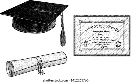 Graduation hat, degree, certificate illustration, drawing, engraving, ink, line art, vector