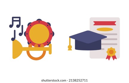 Graduation Hat with Degree and Musical Instrument as School Education Object Vector Set