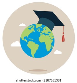 Graduation Hat Degree. Study Abroad World Education Curriculum, Overseas School, College And University. 