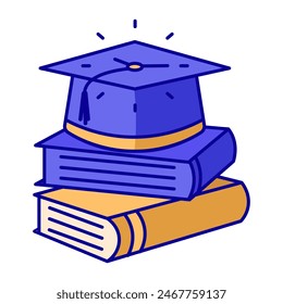 
A graduation hat with a dial on it, two books for education. Colored vector illustration made on a white background.