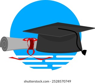 Graduation hat. Diploma, bachelor or master achievement symbol. Mortarboard cap sign. Award and graduation vector.