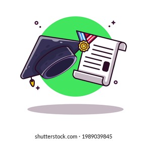 Graduation Hat and Diploma Cartoon Vector Illustration. Rewards Icon Concept Isolated Premium Vector