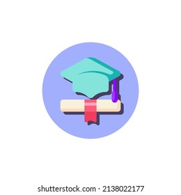 Graduation hat and diploma flat icon. Round colorful button, circular vector sign. Flat style design