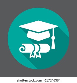 Graduation hat and diploma flat icon. Round colorful button, circular vector sign with long shadow effect. Flat style design