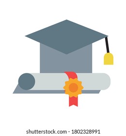 graduation hat and diploma flat style icon vector illustration design