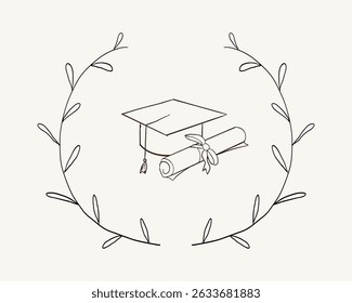Graduation hat with diploma in frame doodle line. University Cap of graduate and certificate degree hand drawn outline. Graduation hats sketch 