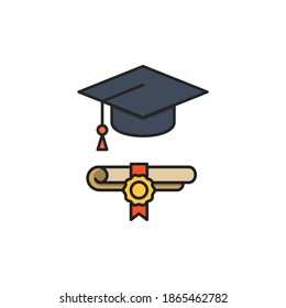 Graduation hat and diploma icon, color, line, outline vector sign, linear style pictogram isolated on white. Symbol, logo illustration.