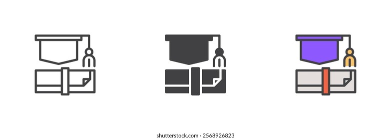 Graduation hat and diploma icon. Education line and glyph version, outline and filled vector sign. linear and full pictogram. Symbol, logo illustration. Different style icons set