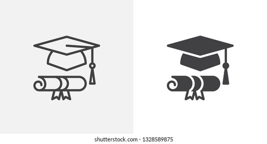 Graduation hat and diploma icon. line and glyph version, outline and filled vector sign. Students cap and scroll paper linear and full pictogram. Symbol, logo illustration. Different style icons set