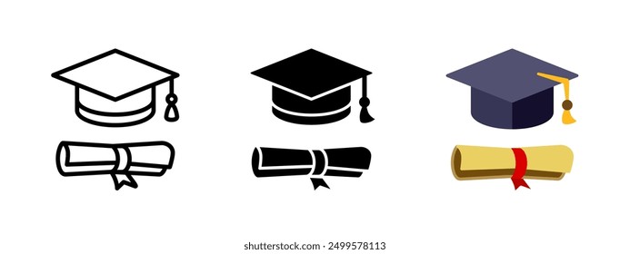 Graduation hat with diploma icon set. Student hat with academic degree certificate vector illustration. College, school and university graduation ceremony concept isolated.