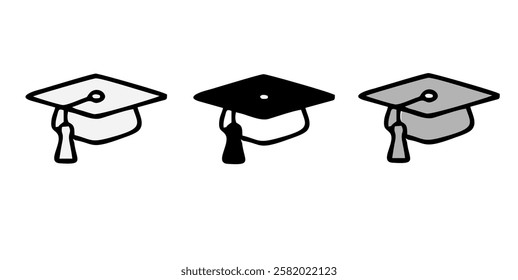 Graduation hat with diploma icon set. Student hat with academic degree certificate vector illustration. College, school and university graduation ceremony concept isolated.