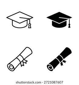 Sombrero de la graduación con el icono del diploma fijado. Sombrero de estudiante con Ilustración vectorial de certificado de grado académico. Concepto de ceremonia de graduación universitaria, escolar y universitaria aislado.