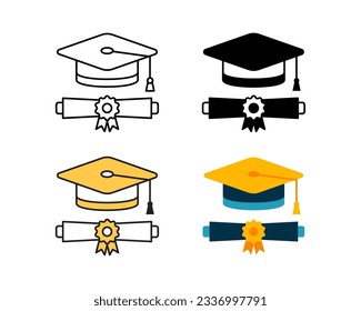 Graduation Hat And Diploma icon vector design in 4 style line, glyph, duotone, and flat