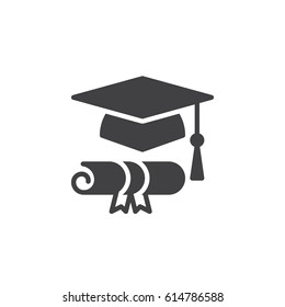 Graduation hat and diploma icon vector, filled flat sign, solid pictogram isolated on white. Symbol, logo illustration. Pixel perfect