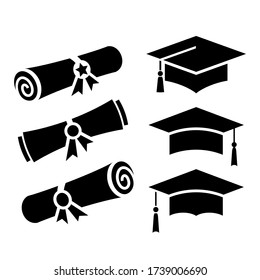 Graduation hat and diploma icons set isolated on white background