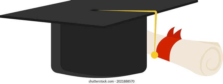 Graduierungsmütze mit Diplom, Illustration, Vektorgrafik auf weißem Hintergrund.