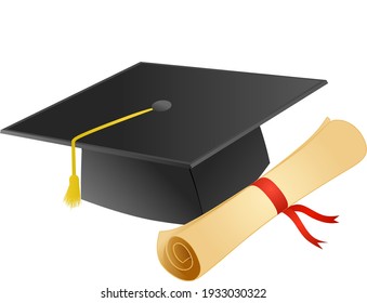 Graduation Hat And Diploma Isolated On White Background 