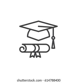 Graduation hat and diploma line icon, outline vector sign, linear style pictogram isolated on white. Symbol, logo illustration. Editable stroke. Pixel perfect
