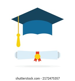 Graduation hat with diploma on white background. Vector illustration.Education and university concept.Design for graduation ceremony. Congratulations graduates design. Graduation cap with certificate.