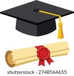 Graduation Hat and graduation diploma paper scroll with wax seal on white background. Vector illustration in flat style. Traditional graduation ceremony symbols: certificate with ribbon and academic cap.
