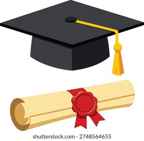 Graduation Hat and graduation diploma paper scroll with wax seal on white background. Vector illustration in flat style. Traditional graduation ceremony symbols: certificate with ribbon and academic cap.
