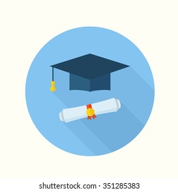 Graduation hat and diploma scroll flat design icon. Graduation celebration cap web icon with long shadow. Isolated vector student graduate hat.